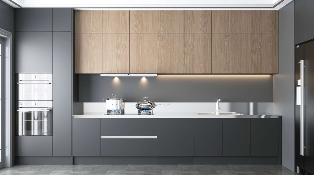 Stainless steel kitchen cabinets with wood-grain upper doors