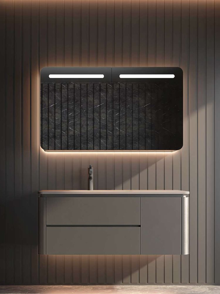 Wall-hung stainless steel bathroom vanity with LED mirror