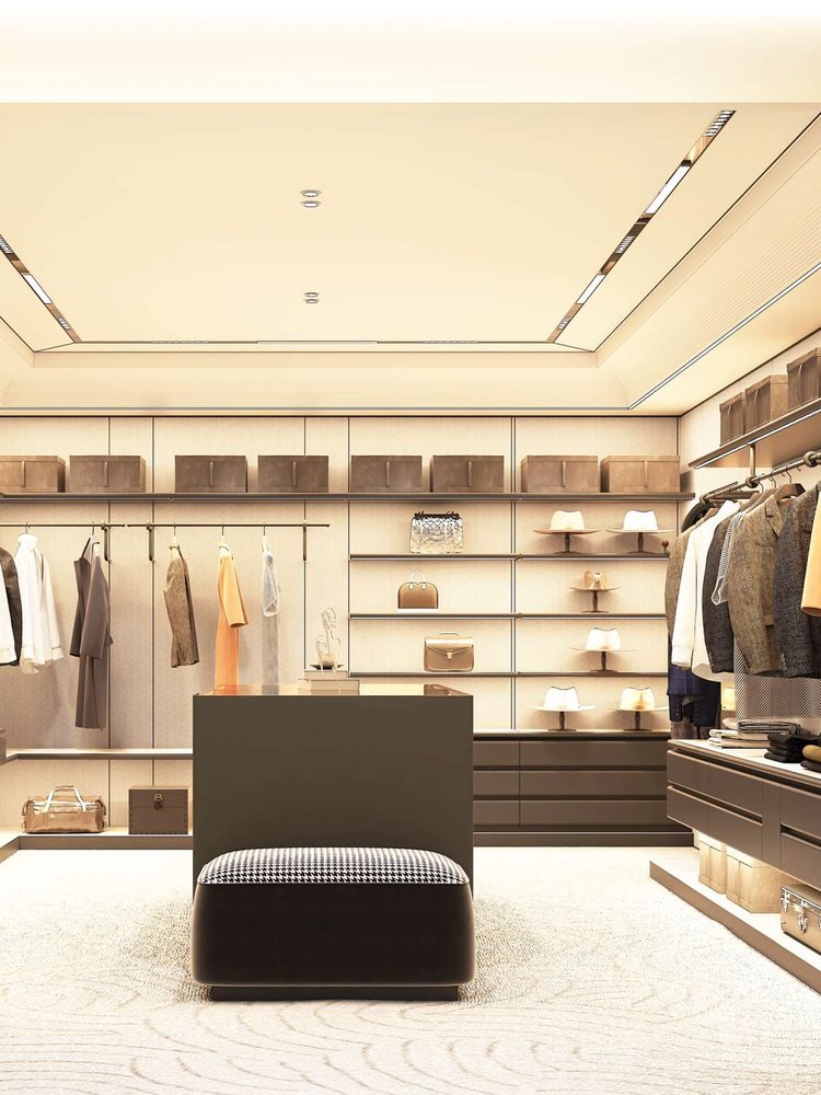 Stainless steel walk-in closet system with lit shelving