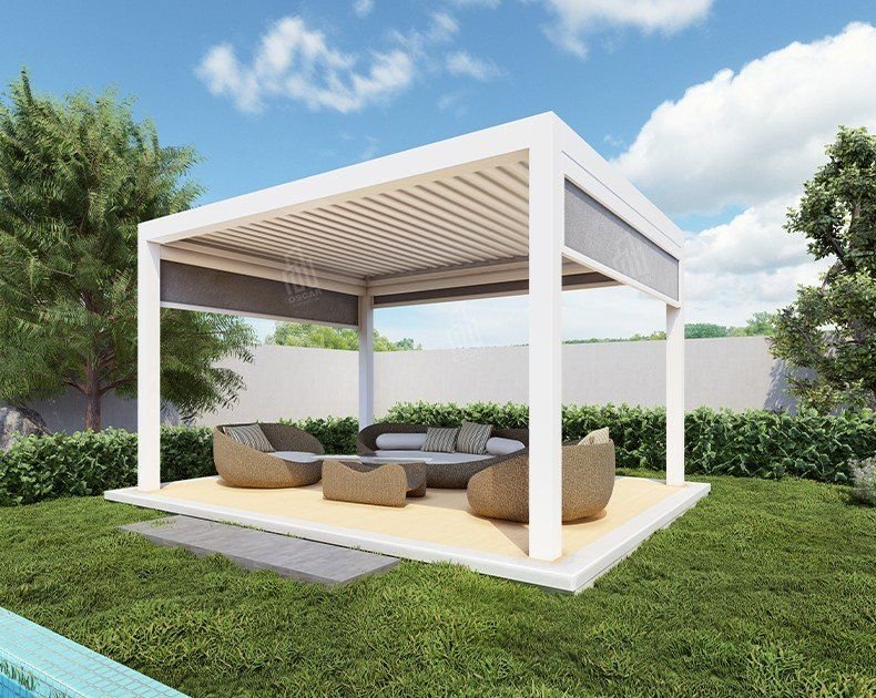 White aluminum louvered pergola in a backyard